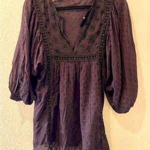 Free People Deep Purple/Blackish Blouse with Black Embroidery